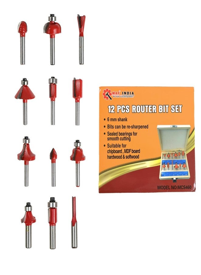 MAF PRO MSC460 12Pcs Premium Router Bit Set | 6mm & 12.7mm Shank | Stainless Steel Woodworking Bits | with Straight, Chamfer, Dovetail, Round Over & More | Wooden Storage Case for Wood, MDF & Hardwood - Image 3